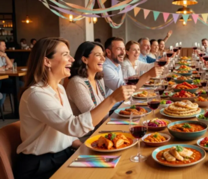Vendégek ünnepi hangulatú, modern éttermi rendezvényen