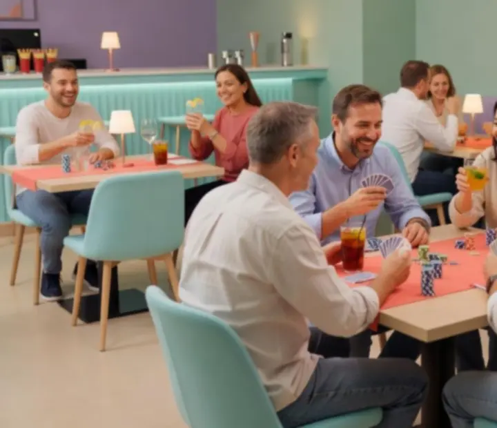 Vendégek baráti, offline póker esten, modern éttermi környezetben